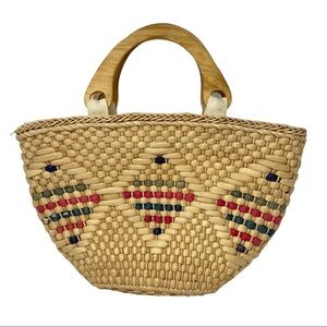Hand Woven Straw with Wooden Handles Beach Bag.